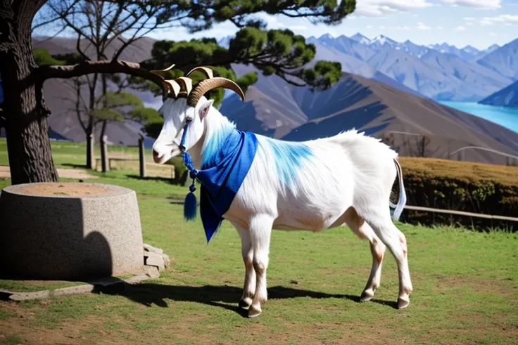 outside, goat, daylight, horns, blue hair, detached sleeves, bell, animal, ganyu, four legs