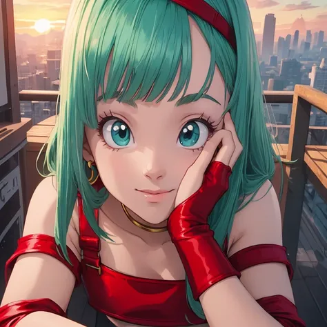 masterpiece, best quality, highest quality, photorealistic, perfect anatomy, perfect face, perfect eyes, aqua hair, brabulladbgt, red hairband, red gloves, red crop top, blue eyes, skirt, hoop earrings, choker, solo, 1 girl, city, outdoors, sexy pose, smil...