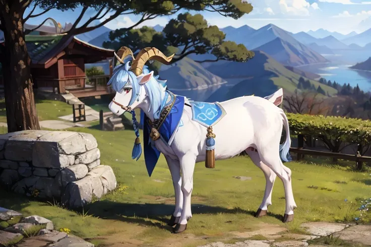 outside, goat, daylight, horns, blue hair, detached sleeves, bell, animal, ganyu, four legs