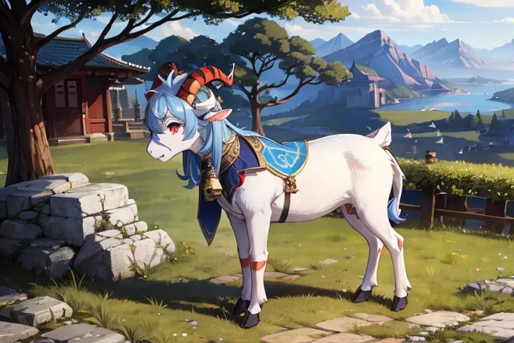 outside, goat, daylight, horns, blue hair, detached sleeves, bell, animal, ganyu, four legs, black horns with red stripes