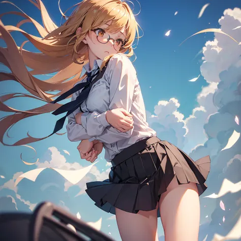 1girl, solo, soft lighting, fast running, blonde hair, orange eyes, surprised look, (wide open eyes), hair ribbon, short hair, brown hair, school uniform, necktie, belt, glasses, garden, (Strong winds are tearing up her skirt, showing underwear:1.4), (hold...