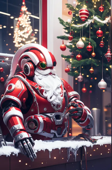 robot santa, futuristic mechanical design，combining elements of traditional santa claus with advanced technology. the robot may ...