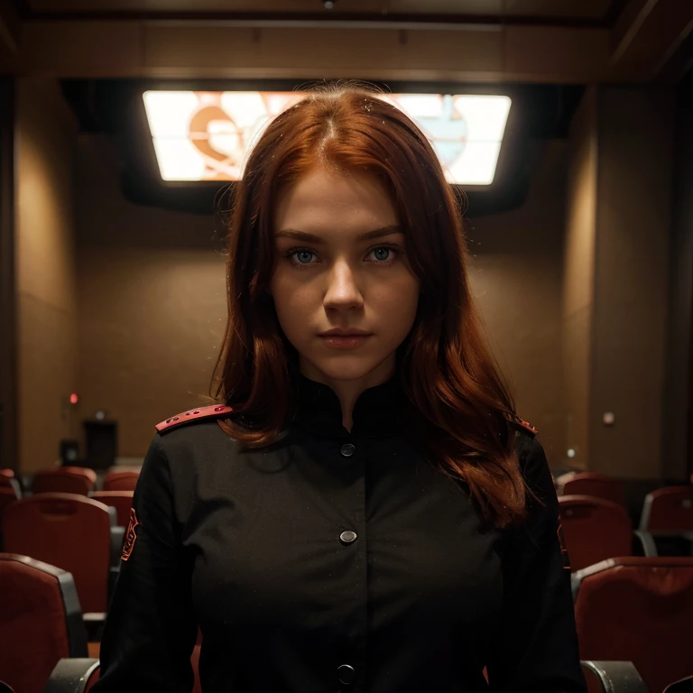 A Caucasian red hair mid 20s girl, fit, staring at the viewer, fit realistic at the movie theater somewhere in Eastern Europe, glowing hazel greenish eyes, intense, blood red and black uniform, solodramatic lightinasterpiece:1.2), best quality, high resolu...