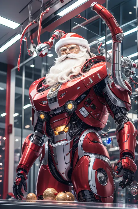 robot santa, futuristic mechanical design，combining elements of traditional santa claus with advanced technology. the robot may ...