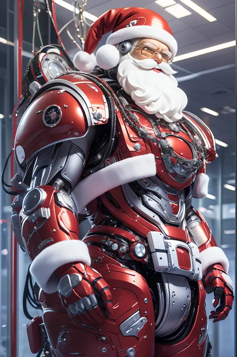 robot santa, futuristic mechanical design，combining elements of traditional santa claus with advanced technology. the robot may ...