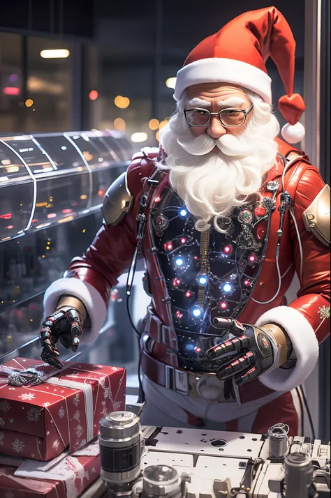 robot santa, futuristic mechanical design，combining elements of traditional santa claus with advanced technology. the robot may ...