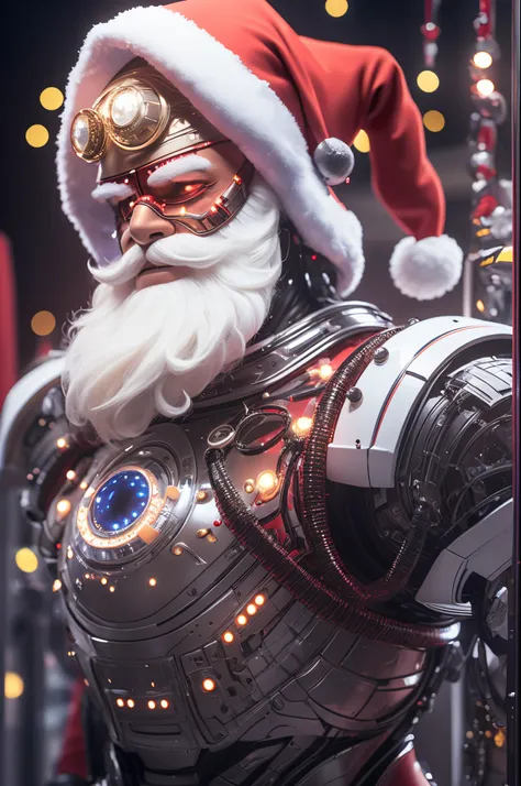 Robot Santa, Futuristic mechanical design，Combining elements of traditional Santa Claus with advanced technology. The robot may have a sleek metal body, Illuminated LED light, and a robotic arm that can efficiently distribute gifts.. It could have a digita...