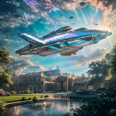 super high quality, 8k, RAW photo, realistic, detailed and delicate depiction and flashy and dynamic painting method, (a huge iridescent spaceship lands:1.3), In the garden of a medieval aristocratic mansion, tremendous winds, and billowing dust