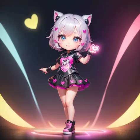 ​masterpiece、top-quality、ultra-detailliert、(1 chibi character girl:1.3)(realisitic、hight resolution)、Do-Up Eye、Gray Hair Bob、(Eyes are pink and heart-shaped.:1.3) (Three-dimensional heart with glowing ink in the background:1.3)、Full-body standing figure、A ...