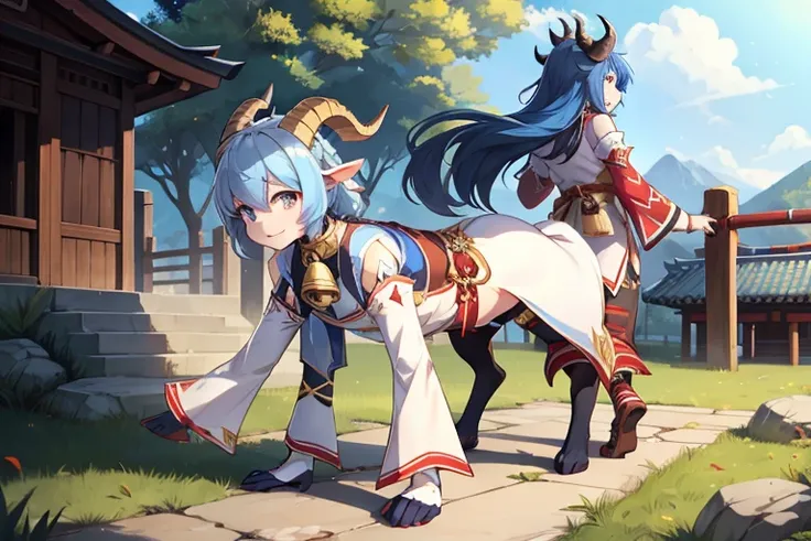 outside, goat, daylight, horns, blue hair, detached sleeves, bell, animal, ganyu, four legs, black horns with red stripes, sleeves, pants