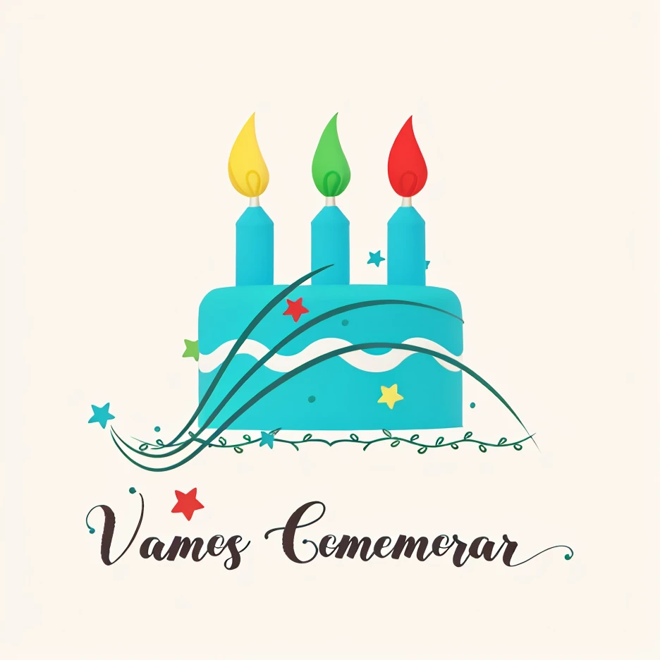 Logo of a birthday cake with three candles, nas chamas em amarelo, verde e vermelho. renderizado e vetorizado. Alto contraste, arte digital, alta resolução, detalhada nas Letras em branco e com plano de fundo em preto