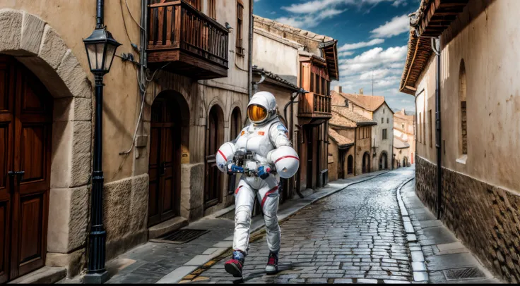 A female astronaut in a spacesuit stands in a medieval townscape, bimbo style, daylight, full body shot, giga_busty