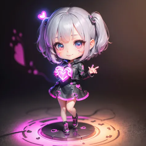 ​masterpiece、top-quality、ultra-detailliert、(1 chibi character girl:1.3)(realisitic、hight resolution)、Do-Up Eye、Gray Hair Bob、(The eyes are pink and have a Heart motif..:1.4) (Three-dimensional heart with glowing ink in the background:1.3)、Full-body standin...