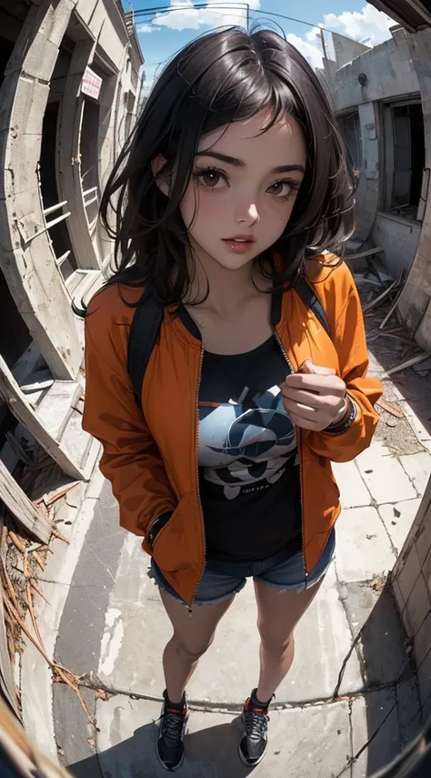 ((8k wallpaper of extremely detailed CG unit, ​masterpiece, hight resolution, top-quality)), (Beautuful Women, Plump lips, Hands in pockets:1.5, Grunge Fashion, wearing an orange blouson:1.2, Wearing micro mini shorts:1.2, Wearing sneakers:1.1), ((extra de...