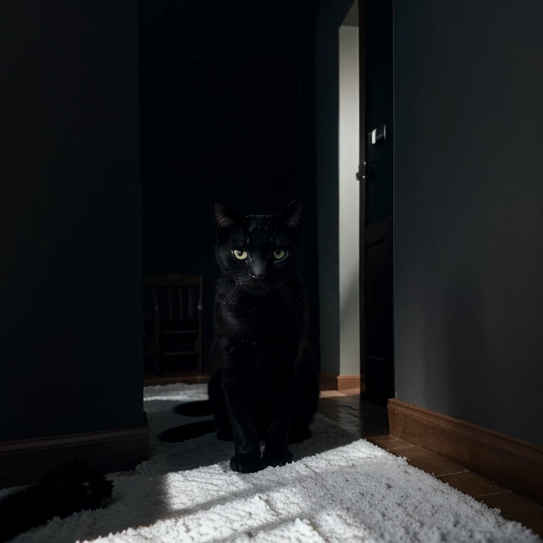 Black cat in a dark room, looks below our field of vision, it has stripes of meridians white as snow