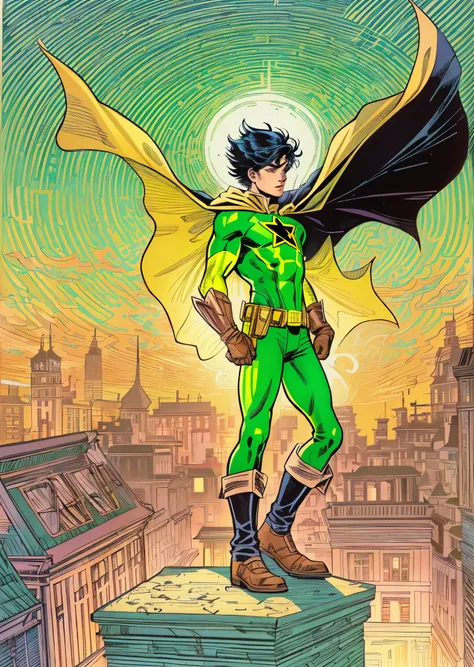 1boy, (cowboy shot),(comic style:1.3), (line art:1.5), a teenage superhero standing on a rooftop, black hair, wearing yellow cape, full body black spandex, (pentagram covering chest), long yellow cape, green gloves, (art by Jim Lee), award winning, masterp...