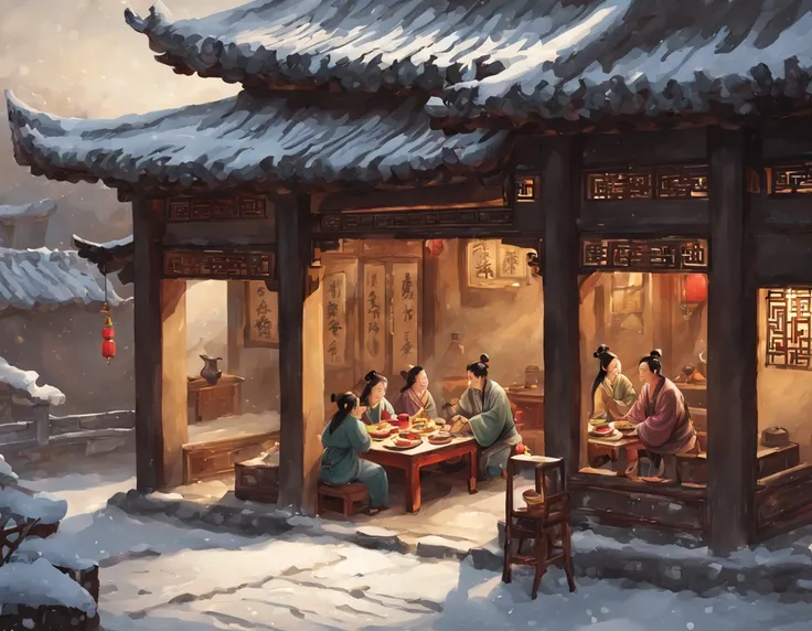 Ancient china, ancient china house, perspective is from inside the house looking out the window, inside a room there is a table full of dinner, cozy ancient house, snow is outside the window, a noble family with 3 people incluing 1 father 1 mother and 1 da...