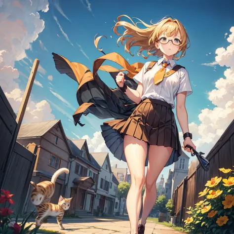 1girl in, Solo, Soft lighting, Fast execution, Blonde hair, Orange Eyes, Surprised look, (Wide open eyes), Hair Ribbon, Short hair, Brown hair, School uniform, neck tie, Belt bag, Glasses, garden, (A strong wind tears her skirt, showing underwear:1.4), (ho...