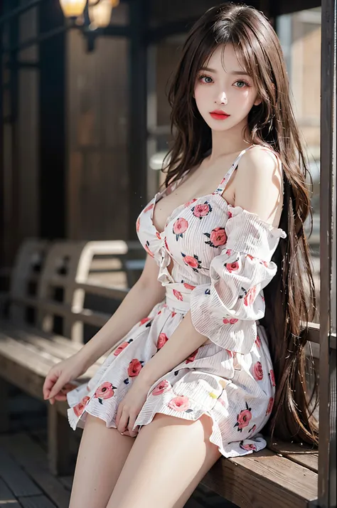 sweet girl clothes6,print dress,  red lips, mature female, makeup, big eyes, pretty eyes, ((full body)), ((random shooting angle...