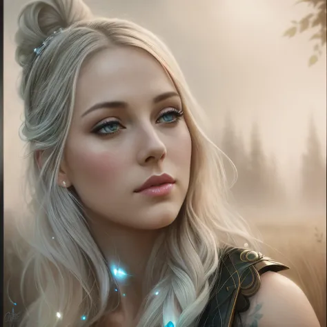 photograph of a woman with long hair and blue eyes in a field, anatomically correct drawn body, beautiful fantasy art portrait, fantasy art portrait, fantasy portrait art, beautiful fantasy portrait, fantasy portrait, gorgeous digital painting, beautiful d...