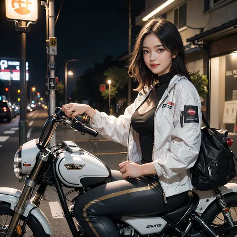 best quality, masterpiece, ultra high res, photorealistic, 1girl, smile, ladder leggings, ladder jacket, half naked, sitting on a motorcycle, late night, trafic light