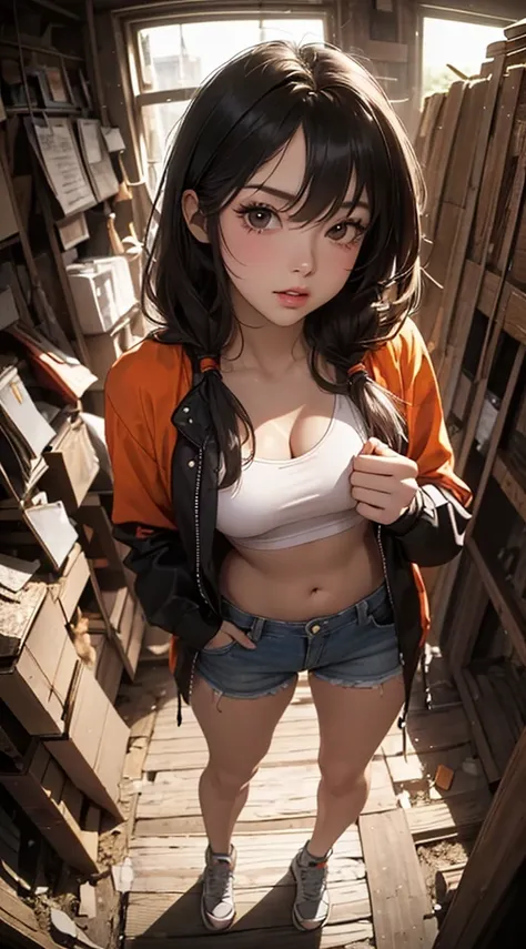 ((8k wallpaper of extremely detailed CG unit, ​masterpiece, hight resolution, top-quality)), (Beautuful Women, Plump lips, Hands in pockets:1.5, Grunge Fashion, wearing an orange blouson:1.2, Wearing micro mini shorts:1.2, Wearing sneakers:1.1), ((extra de...