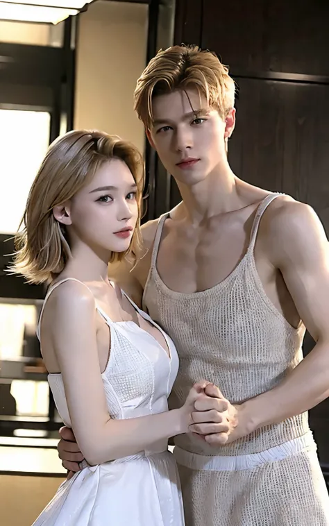 (Realistic lighting、top-quality、8K、​masterpiece:1.3) (realism: 1.4), ((close up:0.75)) A couple, young masculine male with blond color short boyish hair, wearing a tank top, holding hands with a young woman with black long hair, wearing a white dress, hete...