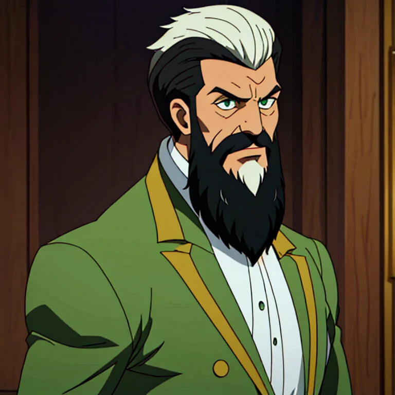 Male, captain of knights, tall, imposing, noble, fancy clothes, long grey beard, green eyes, pompadour haircut, dignified.