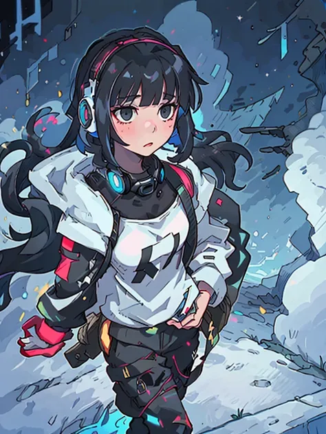 Focus on a girl with black medium-length hair. Highlight her walking attentively in ley, holding a phone.Describe ley with a cyberpunk style, filled with futuristic technological elements.
Emphasize the appearance of a round, red moon, creating a mysteriou...