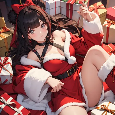 //Character 1girl, female santa, slim and soft, medium large breast, ultra detailed face, super cute, innocent, round face, thick eyeblow, sparkly pupils,  translucent skin, smiling full of compassion, side swept bangs with a bun, black hair, red innner co...