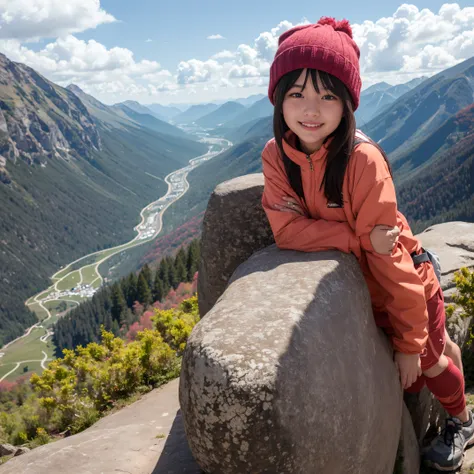 realisticlying、19 year old girl、Face to face with authentic outdoor mountaineering clothing、Wearing a knitted hat、Big sexy pose、Face smile、A mountain with beautiful autumn leaves々