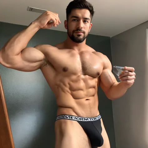 A handsome man, he have six pack, with  muscle, not wearing anything, showing his body and his big cock to me