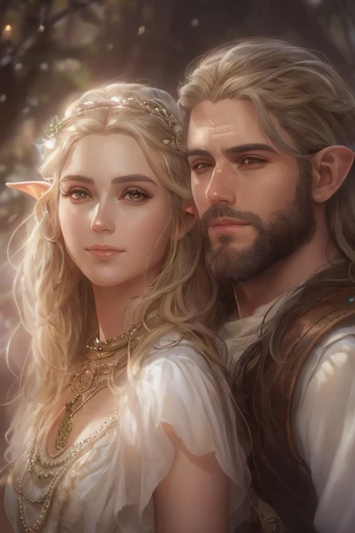 ((A smiling couple in love)), ((woman with long brown hair an elvish dress)), standing with ((a masculine man with short blonde hair and a full blonde beard wearing elvish clothelue eyes, hair with many details, 8k artgerm bokeh, fanart best artstation, re...