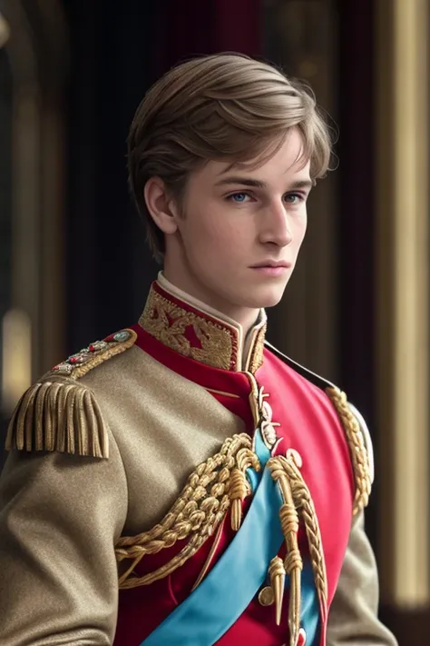 a young man,as prince charming , masterpiece,realistic, 4k, detailed, in castle, highly detailed face, f2.8,denoise, dof, prince...