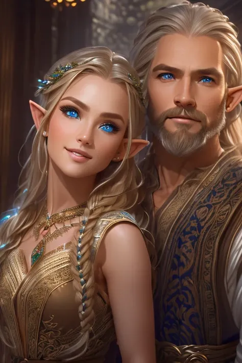 ((A smiling couple in love)), ((woman with long brown hair an elvish dress)), standing with ((a masculine man with short blonde hair and a full blonde beard wearing elvish clothelue eyes, hair with many details, 8k artgerm bokeh, fanart best artstation, re...