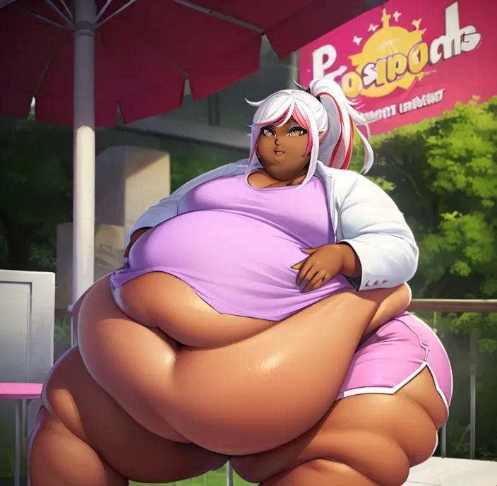 ((High quality:2.0)), Anime ,High Aesthetic, (masterpiece) ,((Well drawn face))morbidly obese, ((dark skinned )), (Femboy), (pop idol ),(( long Multicolored hair)), (( White hair with Hot pink Streaks:1.5)), ((Ponytail )),Wearing ((White  Jacket half ,a pi...