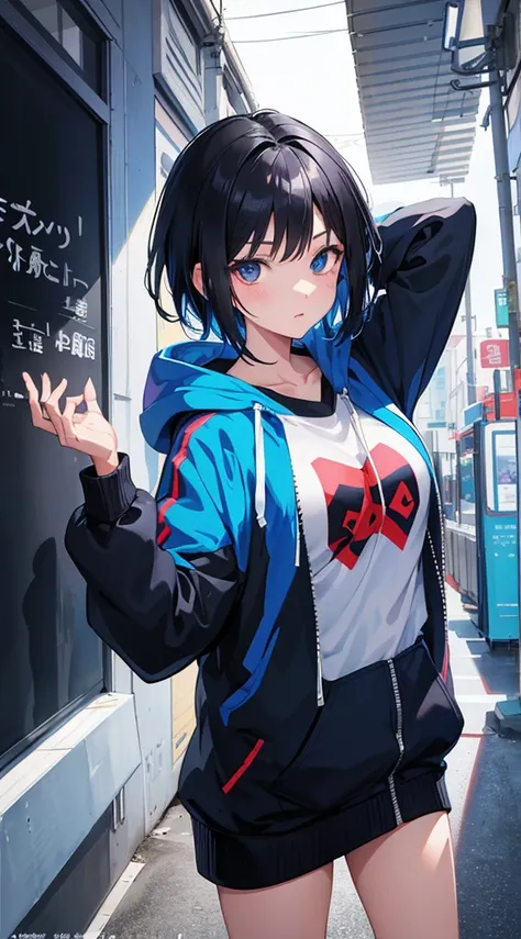 Girl with short black hair、A girl wearing a blue jacket hoodie is looking at the camera、full body Esbian、Top image quality、digital anime art、Colorful Digital Painting、Anime Style 8K、digital anime illustration、a beautiful anime portrait、Vibrant digital pain...