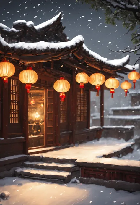 ancient china house, roof, snowfall, small lanterns and bells, perspective is from inside the house looking out the window seein...