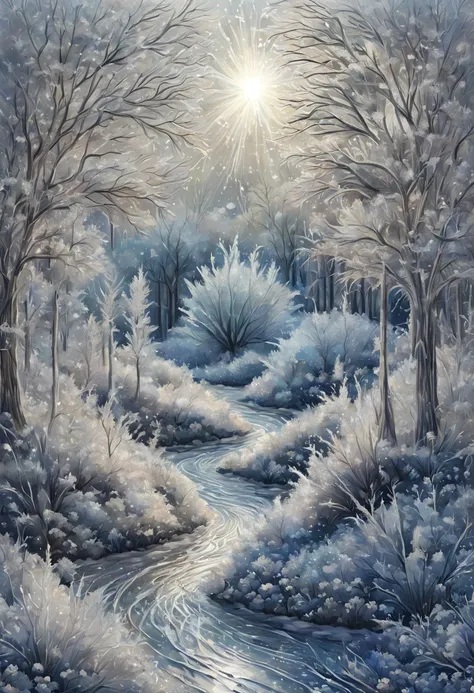 New Years Eve, landscape, mixed media, digital painting, diamond embroidery, moire, frost, silver, crystal, multi-layered, complex texture, high quality, work of art+coherent+ultra lumen, glitter, filigree, magical, beautiful, Mysterious