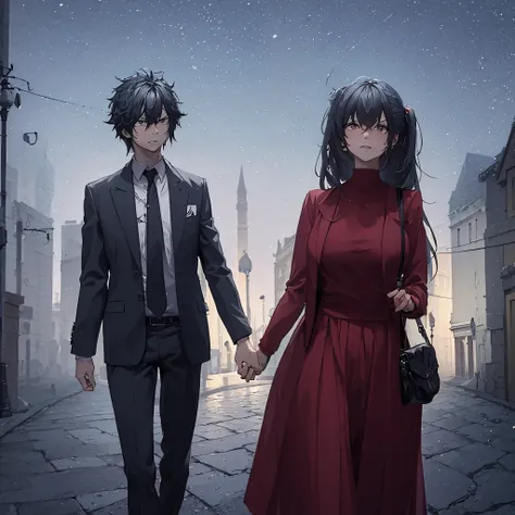 a man in black clothes holding the hand of the woman in red in the city at night.