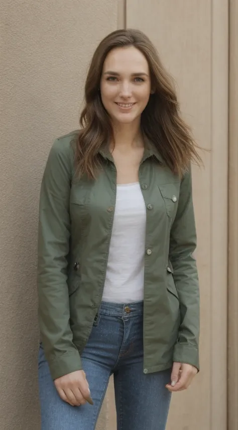 arafed woman with a green shirt with jeans and tan rain jacket and a green umbrella, she has perfect white teeth, beautiful, stunning, sophie mudd-scarlett hooft-gal gadot-victoria justice-anna kendrick-sasha grey-olivia thirlby-brittany curran-julianna ma...