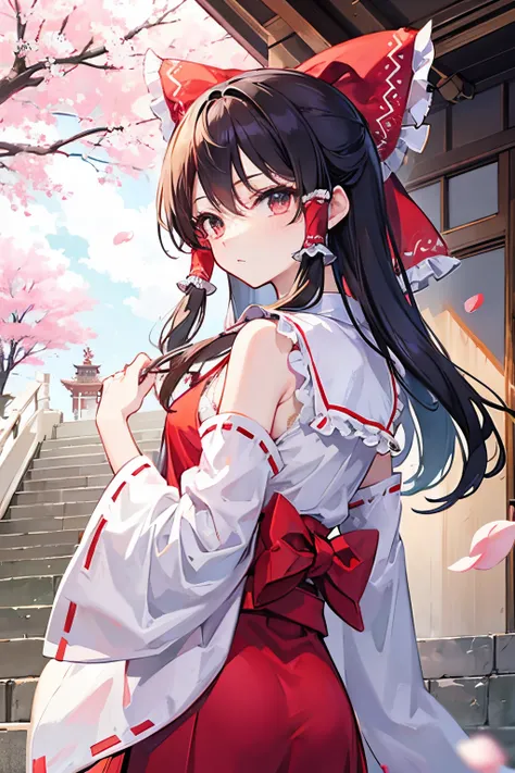 hakurei reimu, touhou project, tree, stairs, standing, kimono, sky, cherry blossoms, temple, looking at viewer, upper body, from below, looking back,