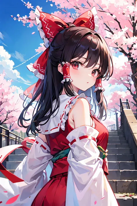 hakurei reimu, touhou project, tree, stairs, standing, kimono, sky, cherry blossoms, temple, looking at viewer, upper body, from below, looking back,