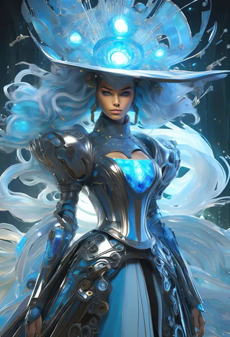 (Cyberpunk Majestic Biopunk using androids:1.2), stunning holographic rendering, Swirl explosion background, hat with neo-medieval dress, very fine detail oil painting, (Stunning composition featuring biopunk:1.1), Mechanical Engineering Mechanical Mechani...