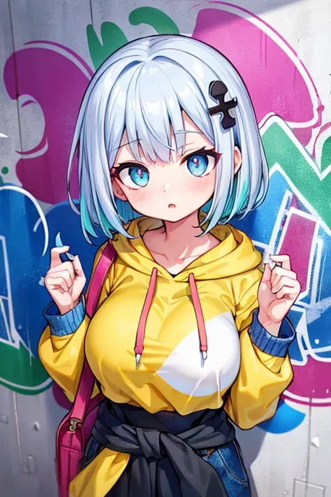 tmasterpiece, high qulity, A high resolution, absurd res, ultra - detailed, 8K, 1个Giant Breast Girl, platinum gray hair, Blue hair, Colorful hair, Gradient hair, looking at viewert, Colored eyes, Colorful hoodies, (Graffiti mural wall background:1.15), Bri...