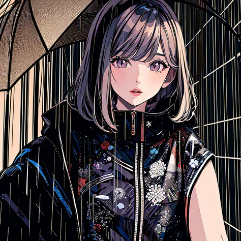 (masterpiece, top quality, best quality, official art, beautiful and aesthetic:1.2), girl, alone in the rain with a jacket in a dark city, extreme detailed,highest detailed, optical mixing, playful patterns, lively texture, unique visual effect