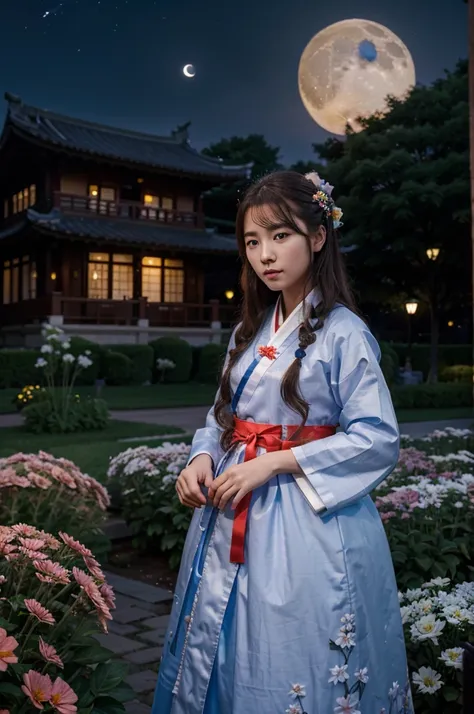 best quality, high_resolution, distinct_image, detailed background ,girl, hanbok,flower,garden,moon, night,dutch angle, wide shot, crown,