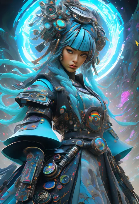 (Cyberpunk Majestic Biopunk using androids:1.2), stunning holographic rendering, Swirl explosion background, hat with neo-medieval dress, very fine detail oil painting, (Stunning composition featuring biopunk:1.1), mechanical engineering, Mechanics, Elegan...