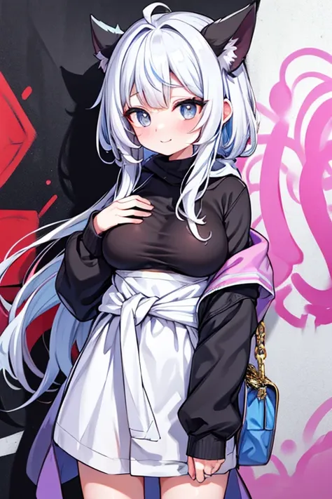 tmasterpiece, high qulity, A high resolution, absurd res, ultra - detailed, 8K, 1个Giant Breast Girl, platinum gray hair, Blue hair, Colorful hair, Gradient hair, looking at viewert, Colored eyes, Colorful hoodies, (Graffiti mural wall background:1.15), Bri...