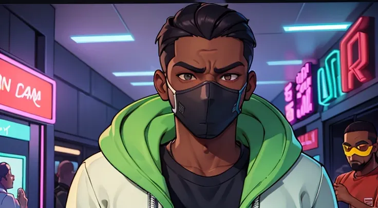 personagem homem, in sweatshirt and mask with dark skin, hands in a pocket, estilo gta, brasileiro, olhos de neon